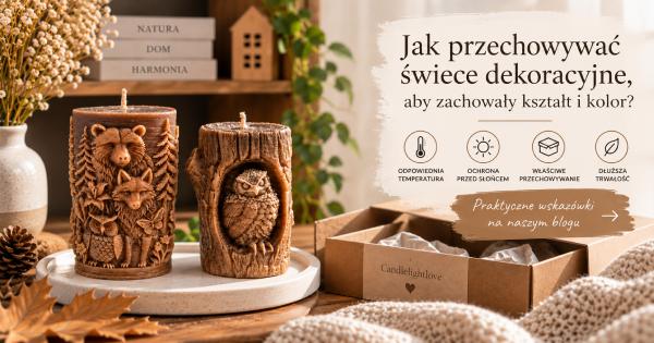 Swiece dekoracyjne Candlelightlove na drewnianym stole obok opakowania i dekoracji wnętrza poradnik o prawidlowym przechowywaniu swiec aby zachowaly ksztalt i kolor